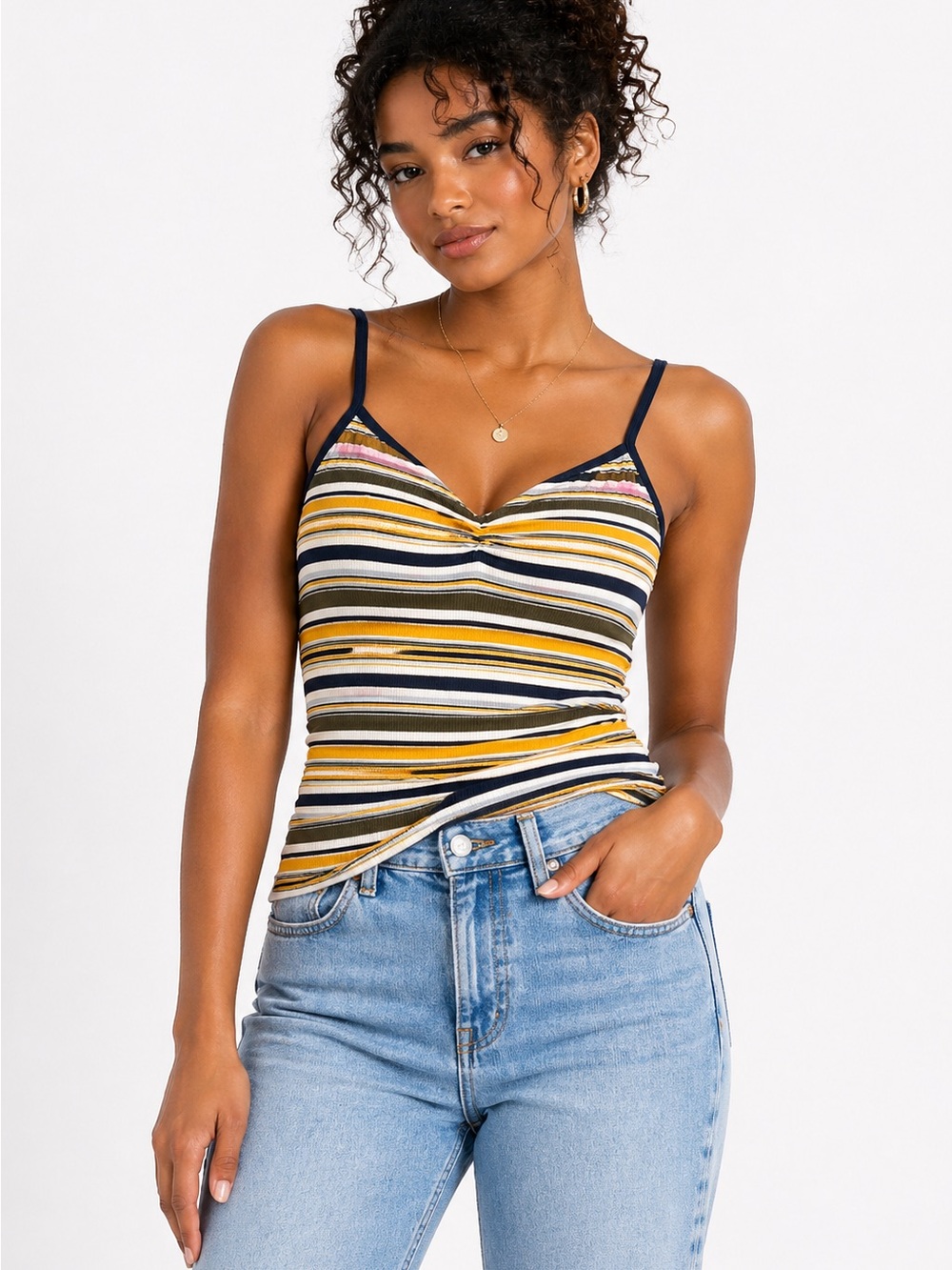 Striped V-Neck Spaghetti Strap Cami Tank Top - Yellow/Black